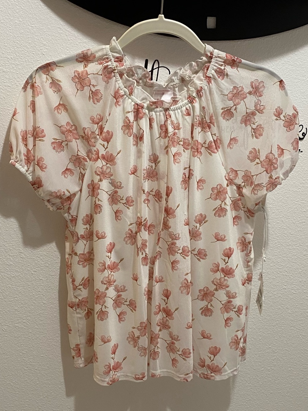 🆕luna Ladies Short Sleeve Ruffled Semi Sheer Floral Top - Ivory/Rose - S